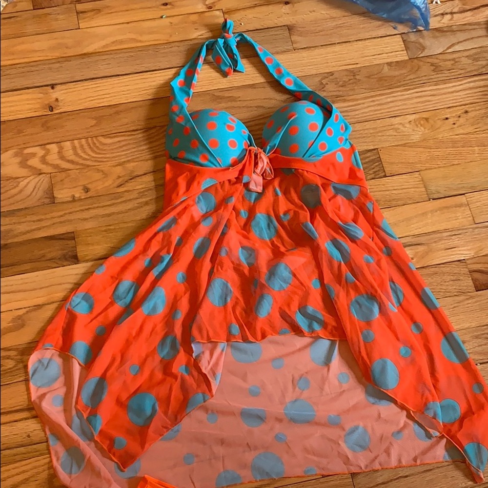 Blue and orange polka dot tankini